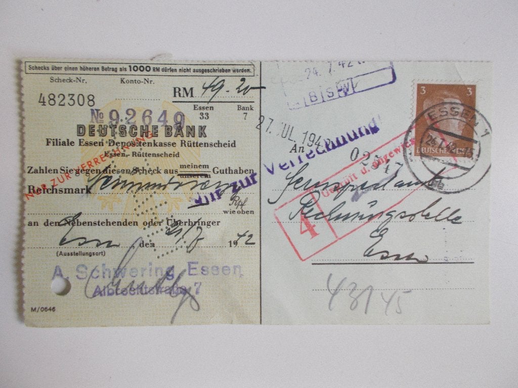 Duitse Rijk, Cheque Deutsche Bank Van A. Schwerin Essen 1942, Ophalen, Duitsland