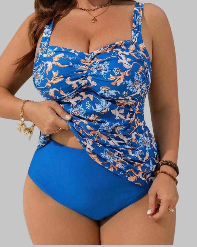 Blauwe tankini met bloemenprint (44-52), Kleding | Dames, Grote Maten, Verzenden, Nieuw, Blauw, Lingerie of Zwemkleding
