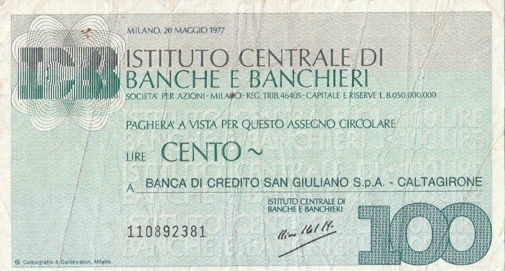 2 Mini-cheques van 100- lire 1976-1977, Ophalen of Verzenden, Italië