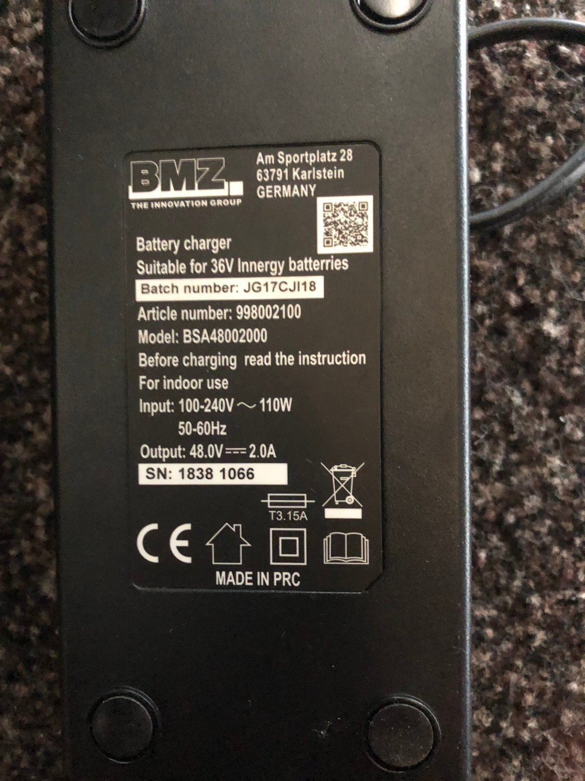Gazelle BMZ acculader, geschikt voor 36V Innergy batterijen, Ophalen of Verzenden, Gebruikt