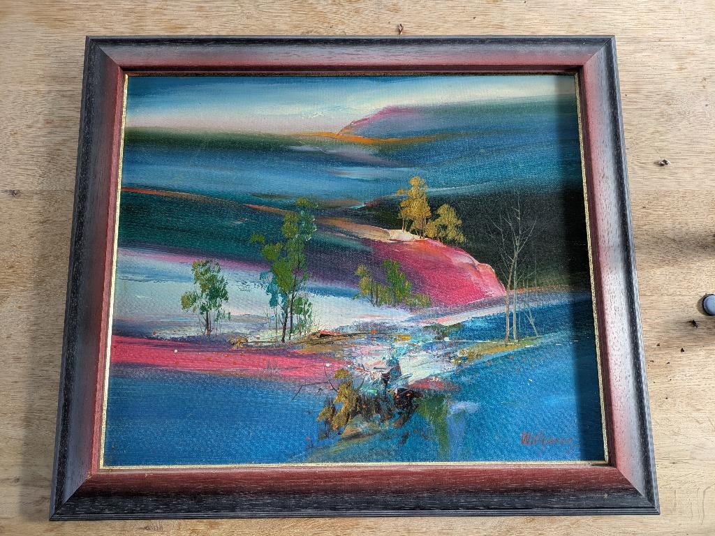 Bergen bomen water, Ophalen, Gebruikt, 50 tot 75 cm, Schilderij