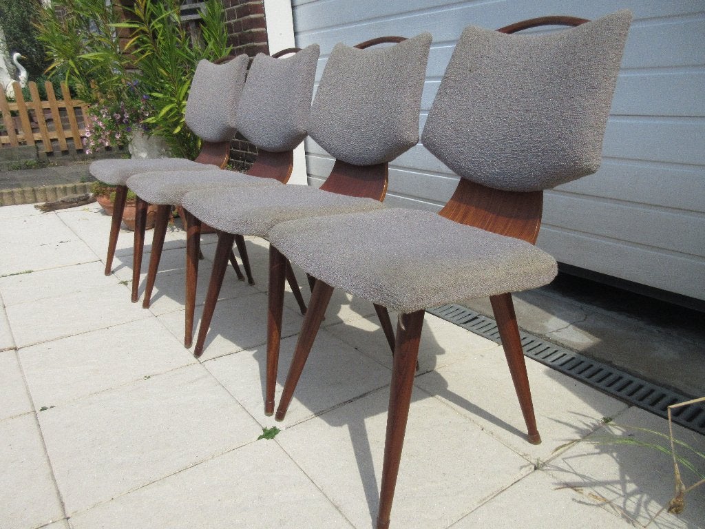 Vintage stoelen set eetkamerstoelen mid century design, Huis en Inrichting, Stoelen, Ophalen, Gebruikt, Vier, Stof