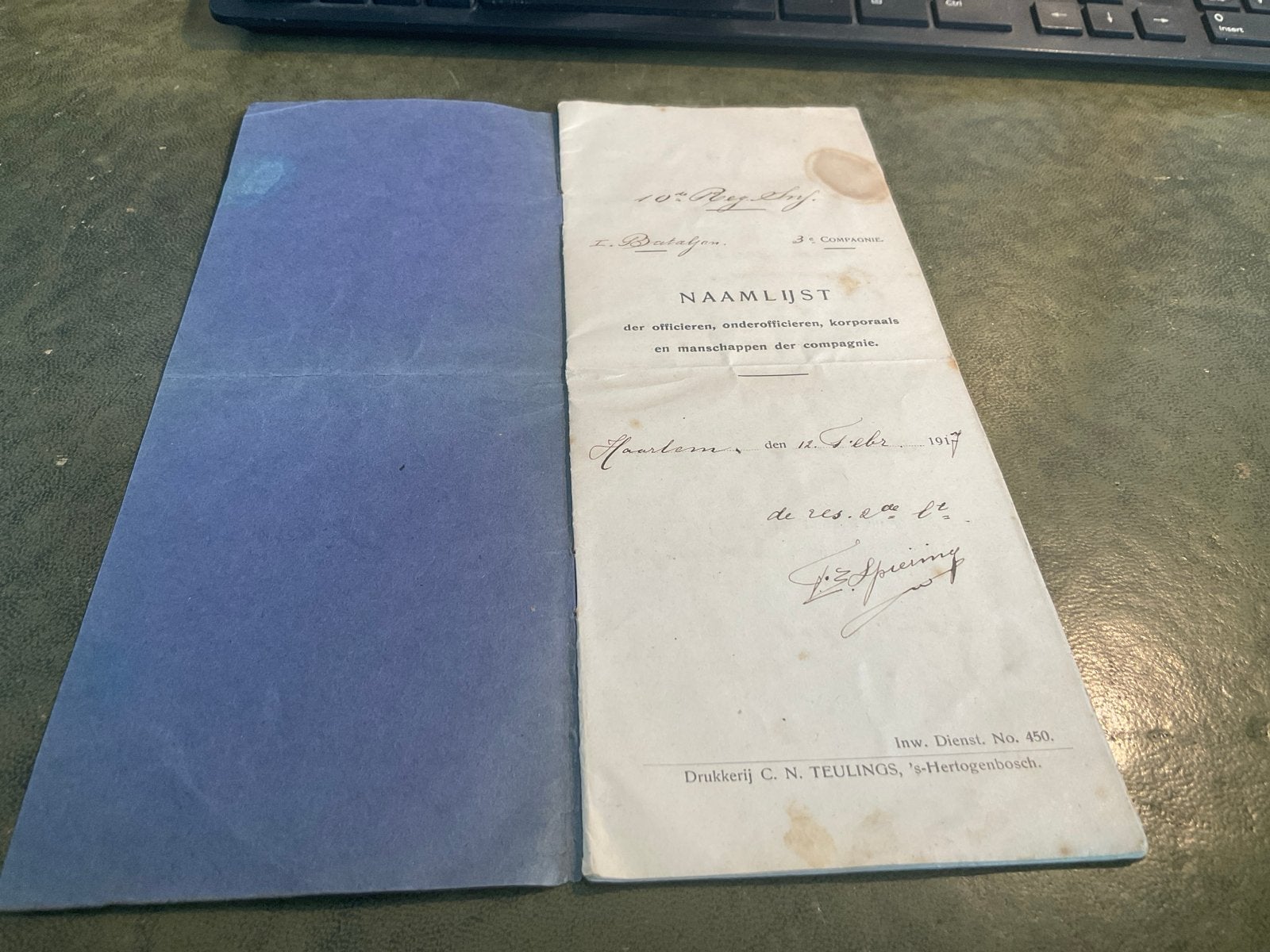 Naamlijst officieren, onderofficieren, 10e RI uit 1917, Ophalen of Verzenden, Voor 1940, Gelezen, Landmacht