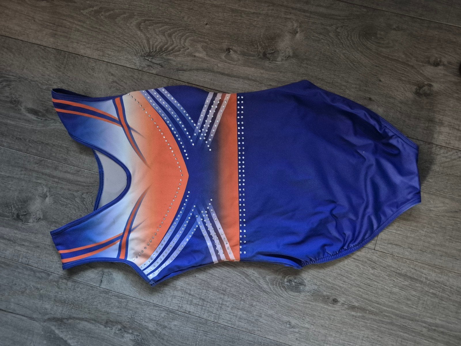 Turnpakje Sparkle & Dream blauw/oranje met steentjes, Sport en Fitness, Turnen, Gebruikt, Turnpak(je), Kindermaat 146 t/m 176