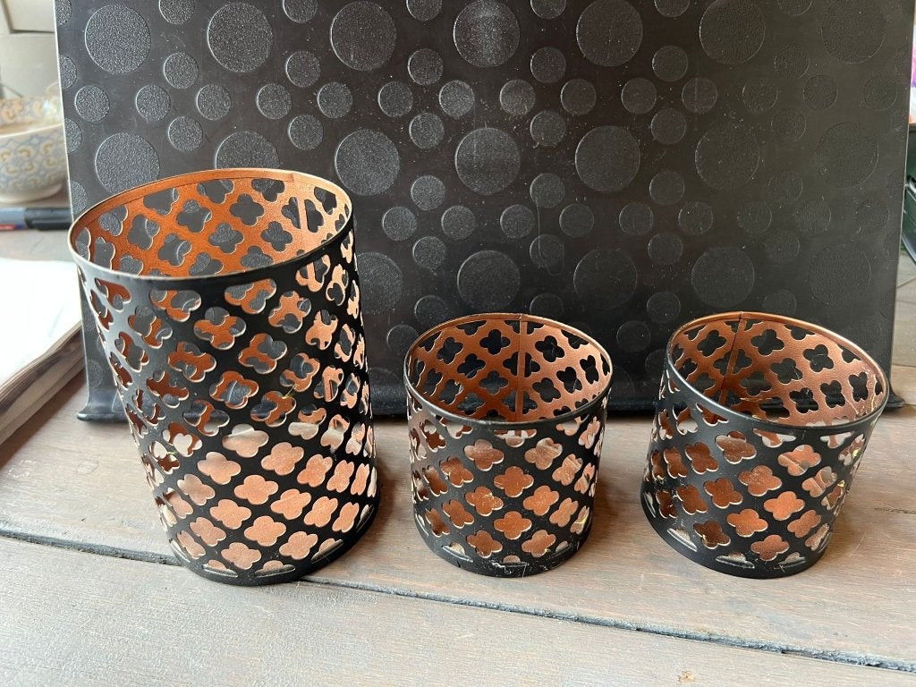 Set van 3 waxinelichthouders zwart koper windlichten luxe, Verzenden, Zwart, Zo goed als nieuw, Metaal