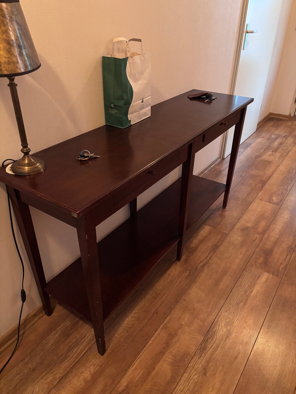 Smal houten wandtafel met lade en plank, Ophalen, Gebruikt, 100 tot 150 cm, Overige houtsoorten