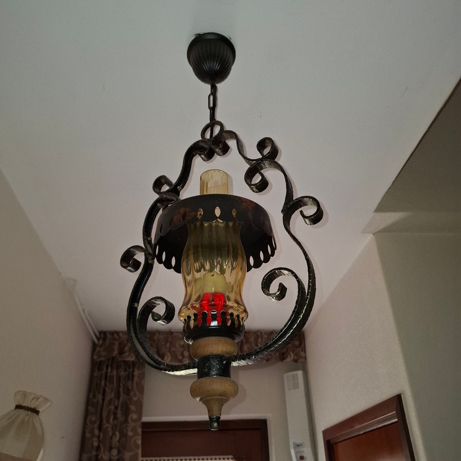 Vintage Hanglamp - Smeedijzer en Glas, Gebruikt, Glas, Vintage, Klassiek, Smeedijzer, E27 (groot)