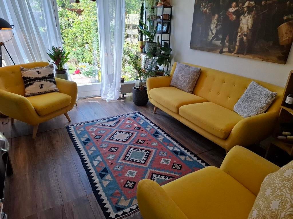 Complete zithoek: gele 3-zits bank + 2 fauteuils, Huis en Inrichting, Banken | Bankstellen, Ophalen, Gebruikt, 75 tot 100 cm