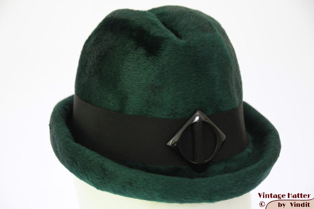 Vintage Dameshoed donker groen haarvilt 53 = maat XXS, Ophalen of Verzenden, Gedragen, 55 cm (S, 6⅞ inch) of minder, Hoed