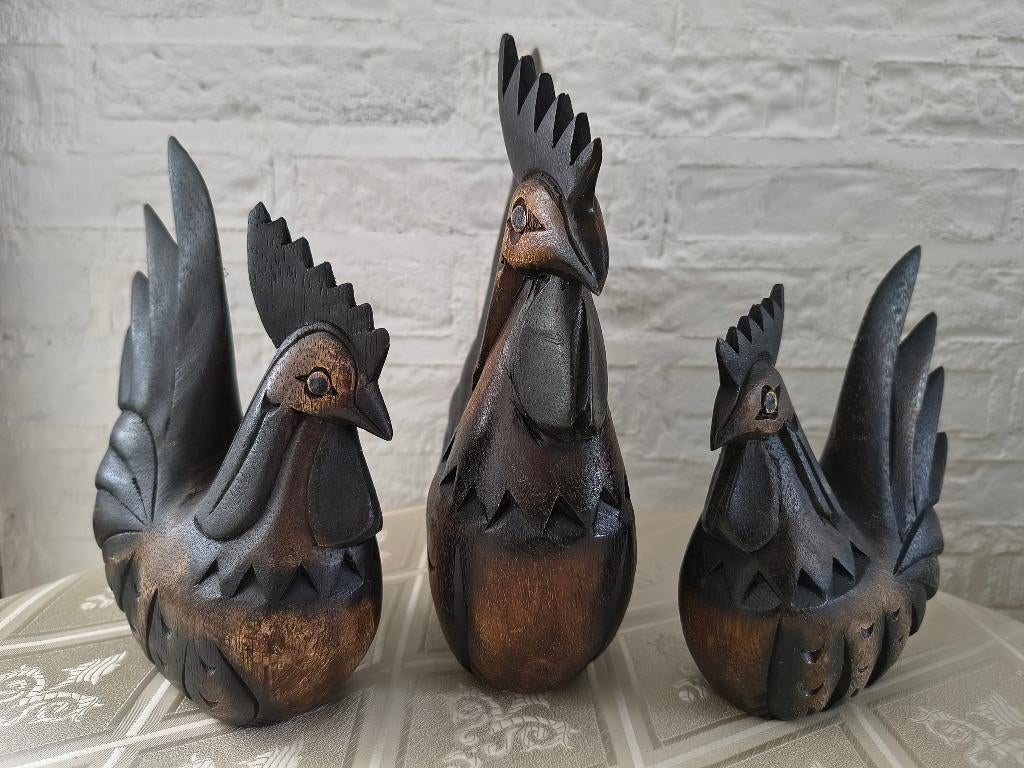 Houten beelden set van 3 hanen Balinese stijl, Ophalen, Hout, Houtsnijwerk, Bruin
