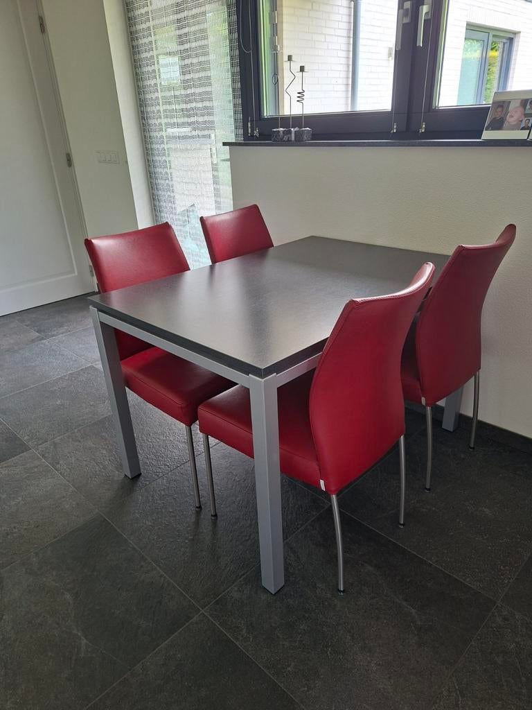 Eettafel met 4 rode leren stoelen van Bert Plantagie, Huis en Inrichting, Tafels | Eettafels, Ophalen, Overige materialen, Gebruikt