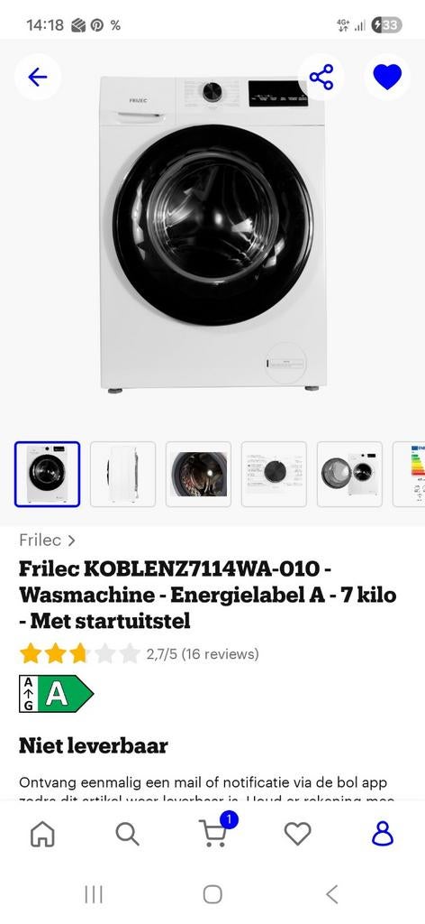 Wasmachine, Ophalen of Verzenden, 1200 tot 1600 toeren, 85 tot 90 cm
