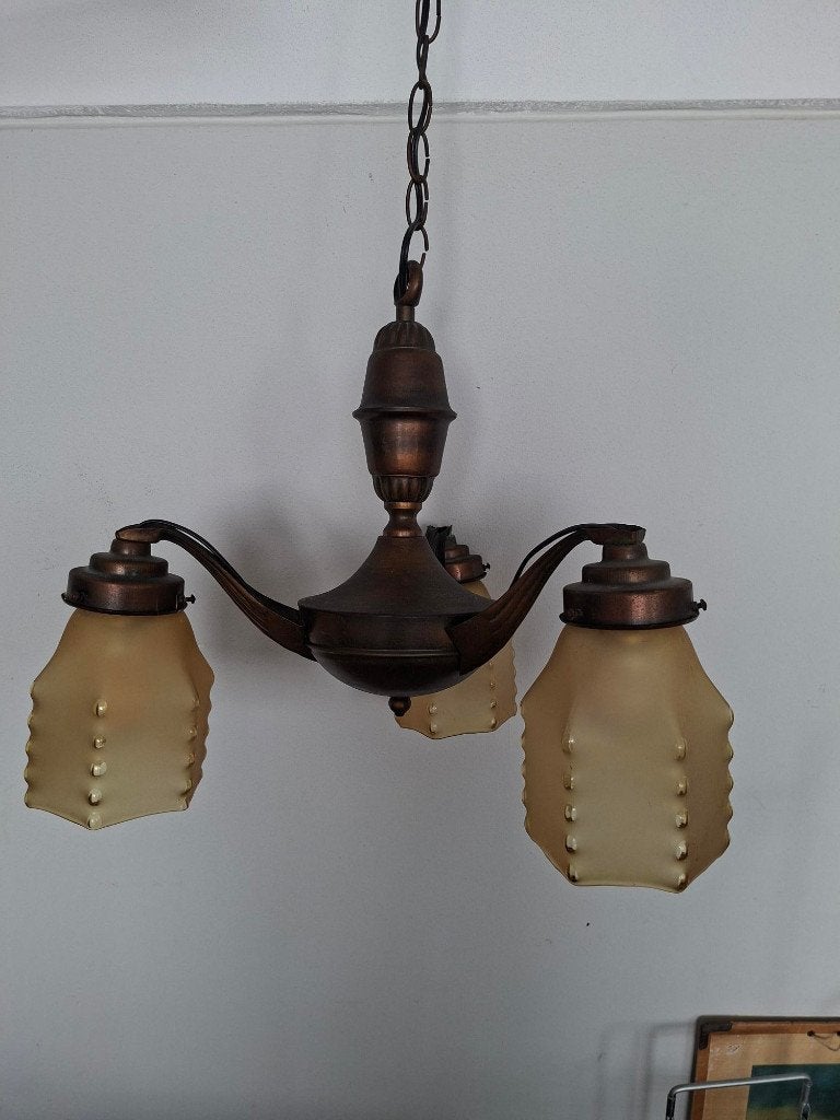art deco kroonluchter jaren 30-40 vintage hanglamp koper, Huis en Inrichting, Lampen | Kroonluchters, Gebruikt, Art deco, Glas