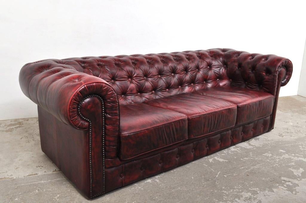 Vintage Chesterfield 3-zits bank zitbank, Gebruikt, 75 tot 100 cm, Ophalen of Verzenden, Rechte bank