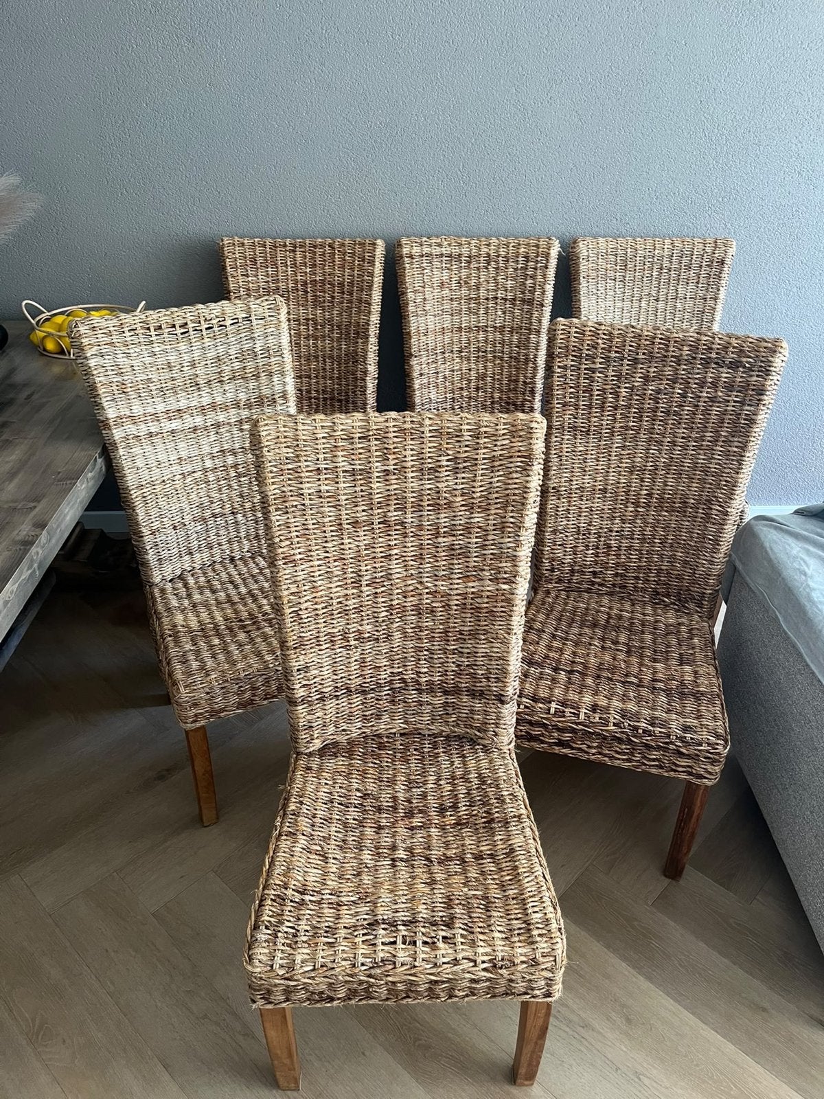Set van 6 rieten eetkamerstoelen, Ophalen, Gebruikt, Bruin, Riet of Rotan