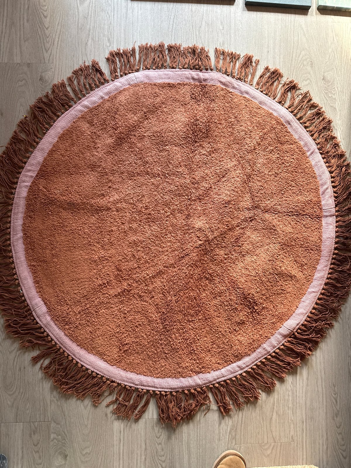 Rond Vloerkleed Tapis Petit met Franjes - Terracotta/Roze, Ophalen, Gebruikt, 100 tot 150 cm, Bruin