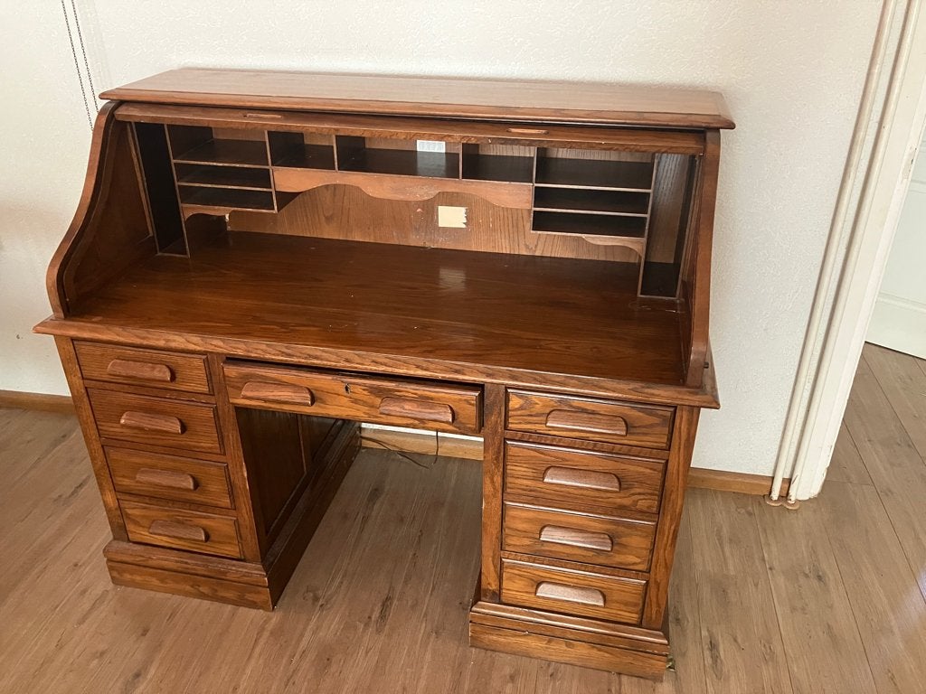 Massief eiken rolluikbureau met bureaustoel, Ophalen, Met lades, Gebruikt, Hout