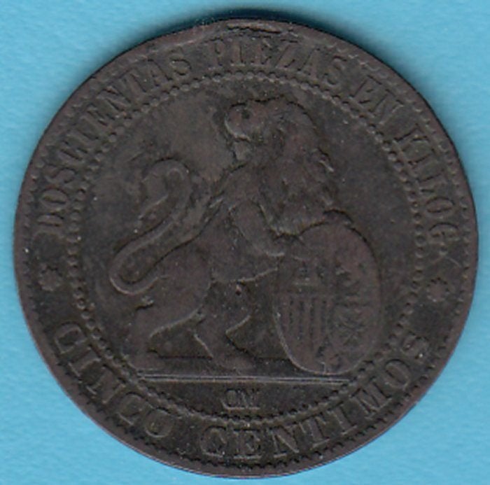 Spanje 5 Centimos Provisional Gouvernment 1870 OM, Ophalen of Verzenden, Overige landen, Losse munt