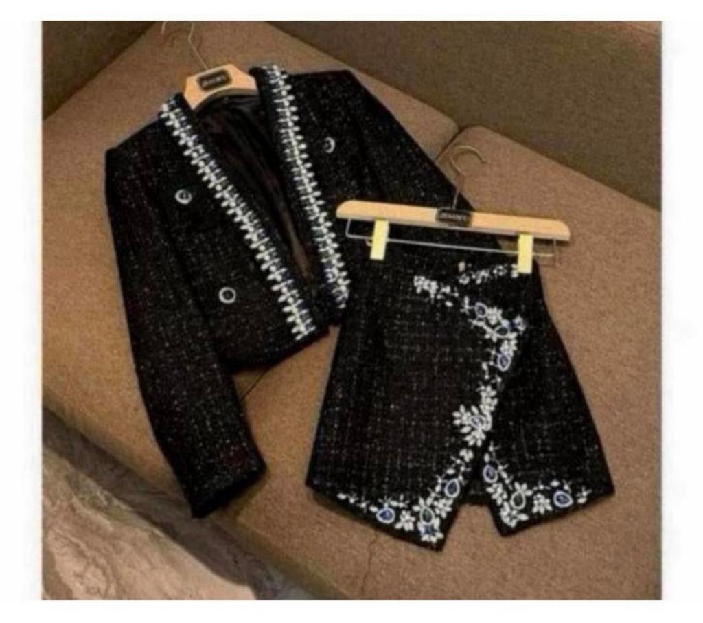 Handgemaakt kralen tweed blazer S + rok setje dames vrouwen, Zwart, Nieuw, Ophalen of Verzenden, H
