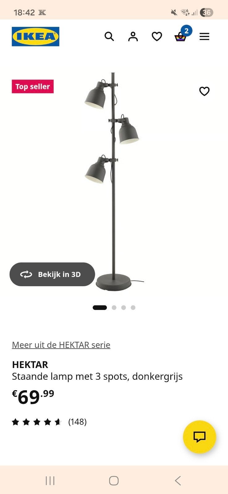 IKEA HEKTAR Staande lamp met 3 spots, donkergrijs, Ophalen, E27 (groot), Zo goed als nieuw, Metaal