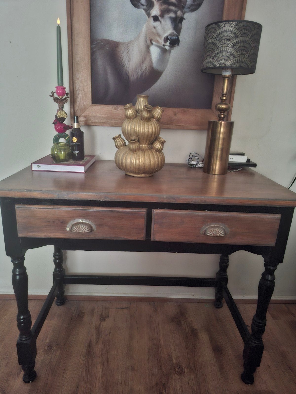 Brocante houten tafel met twee lades, Ophalen