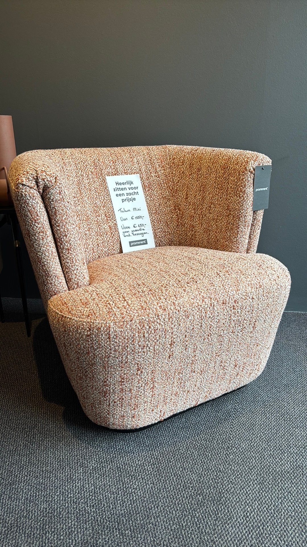 PROMINENT ALKMAAR. Bijzet fauteuil Tulum Mini., Huis en Inrichting, Ophalen of Verzenden, Zo goed als nieuw, Stof