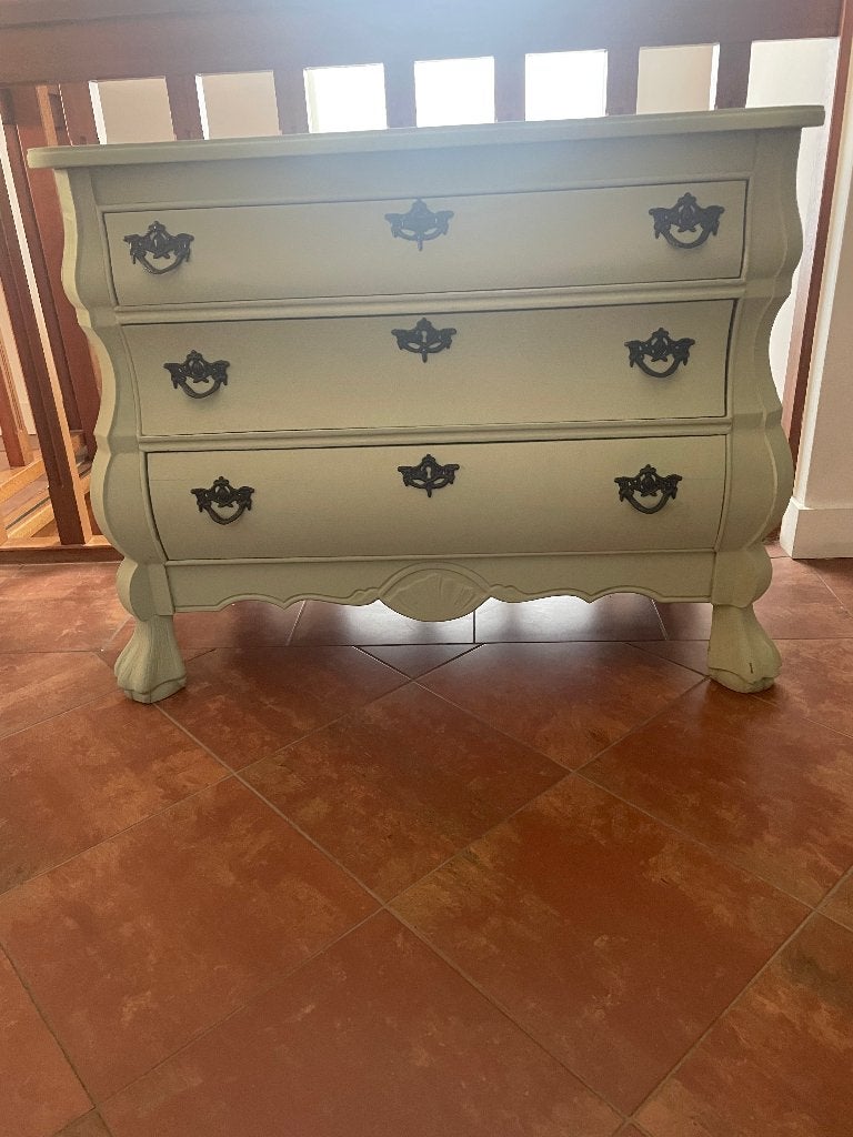 Klassieke Hollandse bombé commode, salie groen, 3 lades+slot, Ophalen, Gebruikt, Nederlandse barokstijl, 50 tot 100 cm