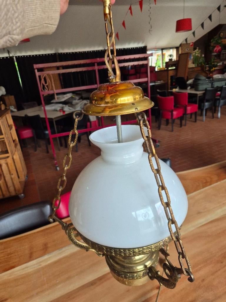 Vintage messing hanglamp (voormalige olielamp), Ophalen, Gebruikt, Vintage, Glas