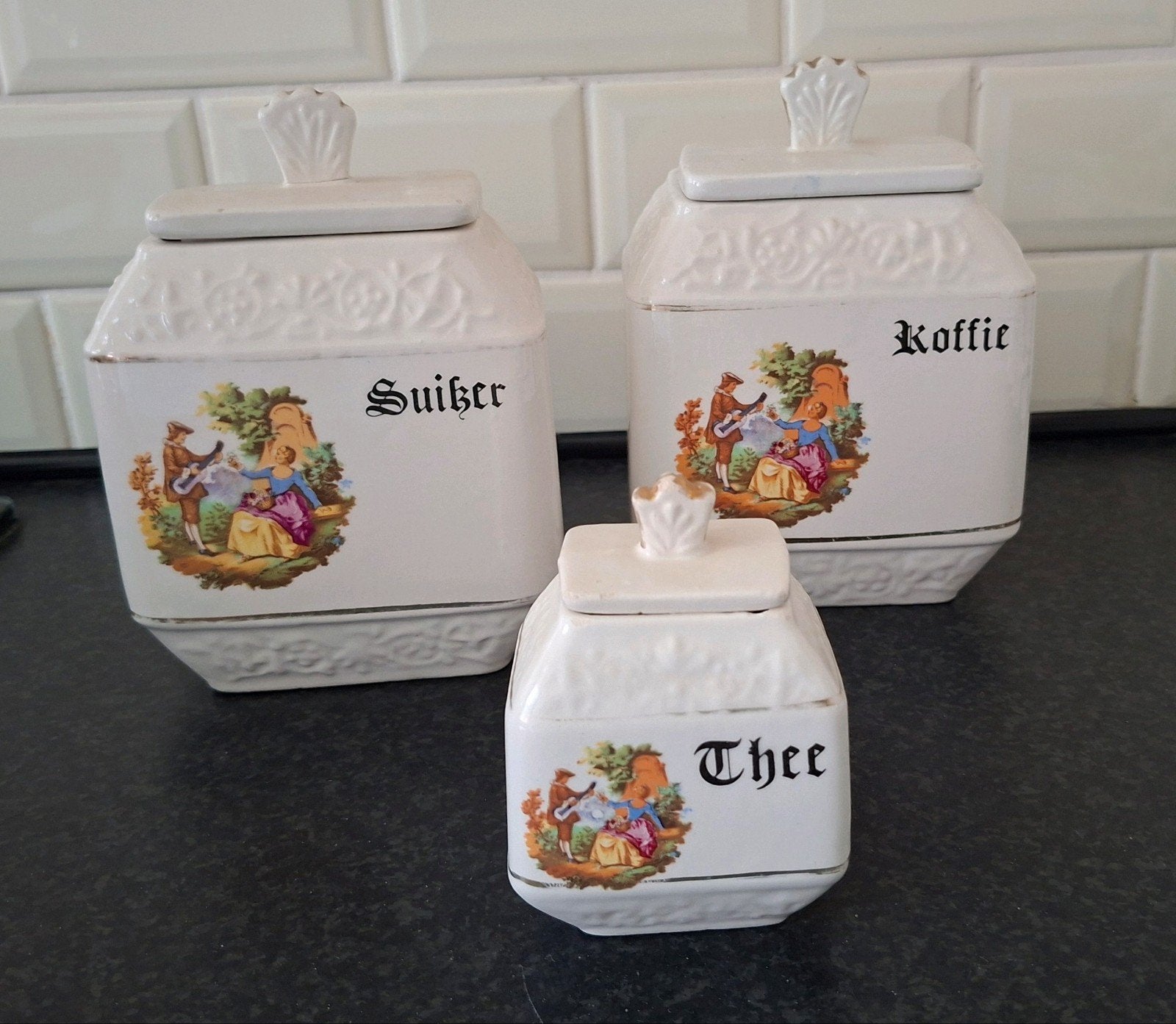 Vintage voorraadpotten set: Koffie, Thee, Suiker, Ophalen of Verzenden