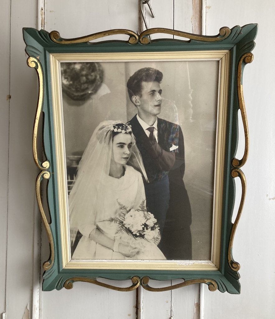 Brocante oude houten lijst - fotolijst - groen met goud, Ophalen, 38 cm, ---, Verwisselbare inhoud