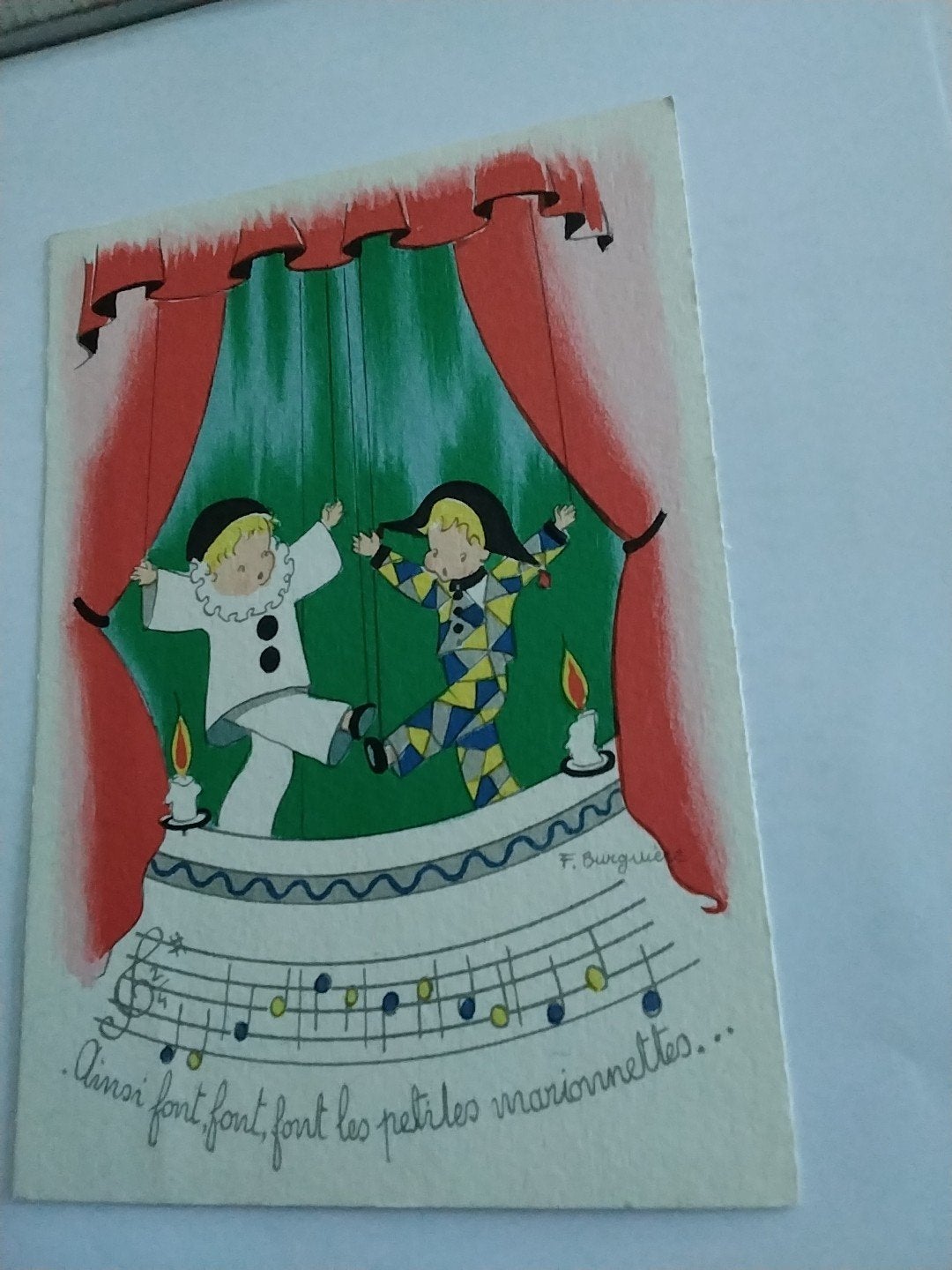 Vintage Ansichtkaart: Marionetten Dansen op Muzieknoten, Ophalen of Verzenden