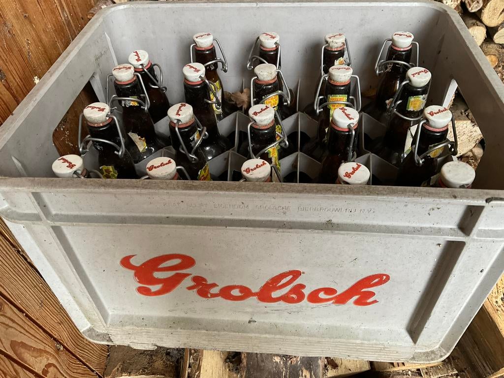 Zeer oude Grolsch Bierkrat met Beugelflessen, Verzamelen, Biermerken, Ophalen, Gebruikt, Overige typen