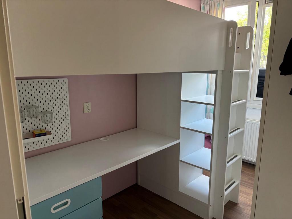 IKEA Hoogslaper met Bureau, Kast en Nieuw Matras, Huis en Inrichting, Slaapkamer | Bedden, Ophalen, 90 cm, Eenpersoons, Wit