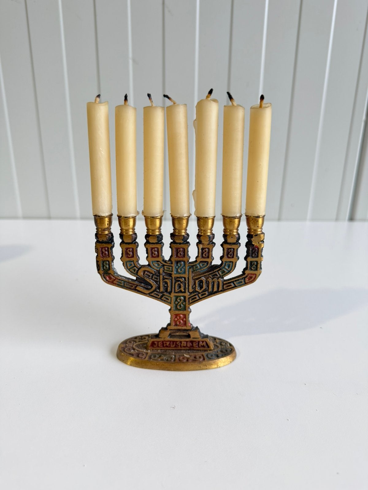Vintage zevenarmige messing kandelaar (menorah), Ophalen of Verzenden, Zo goed als nieuw, Overige materialen