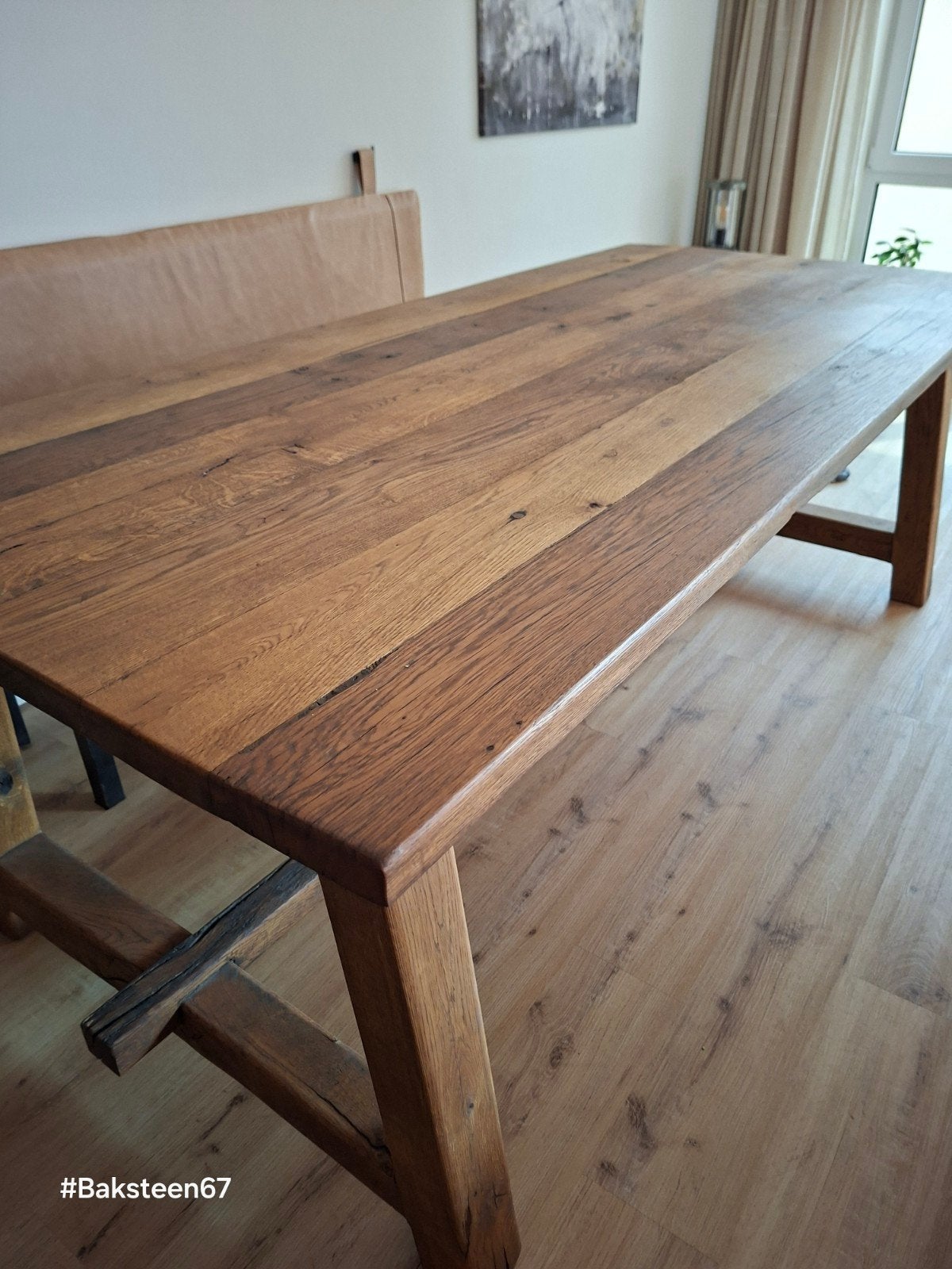 Robuuste Eiken Eettafel met Zitbank, Ophalen, Gebruikt, 100 tot 150 cm, Eikenhout