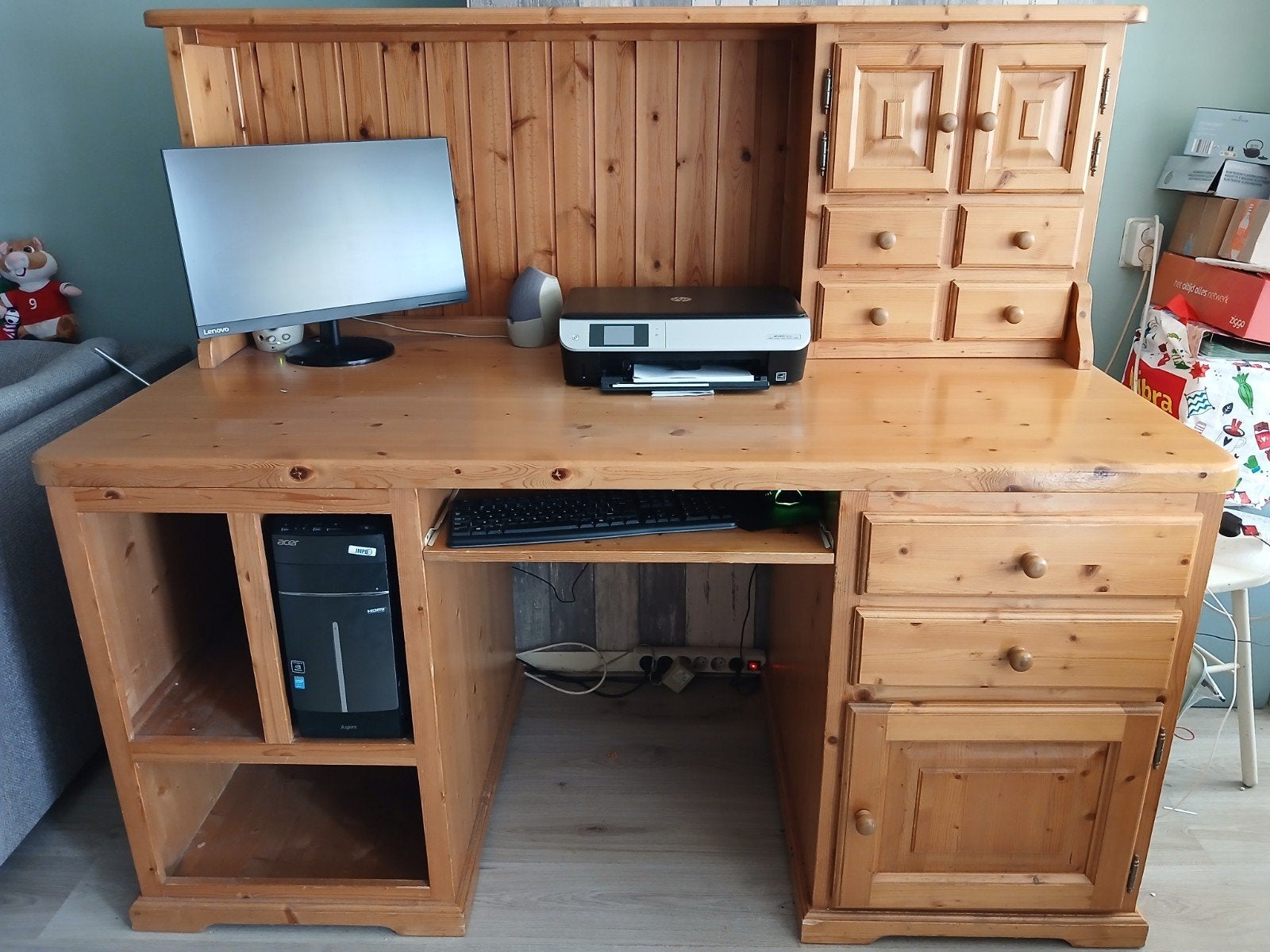 Stevig houten bureau met opzetstuk en opbergruimte, Ophalen, Gebruikt, Hout, Demontabel