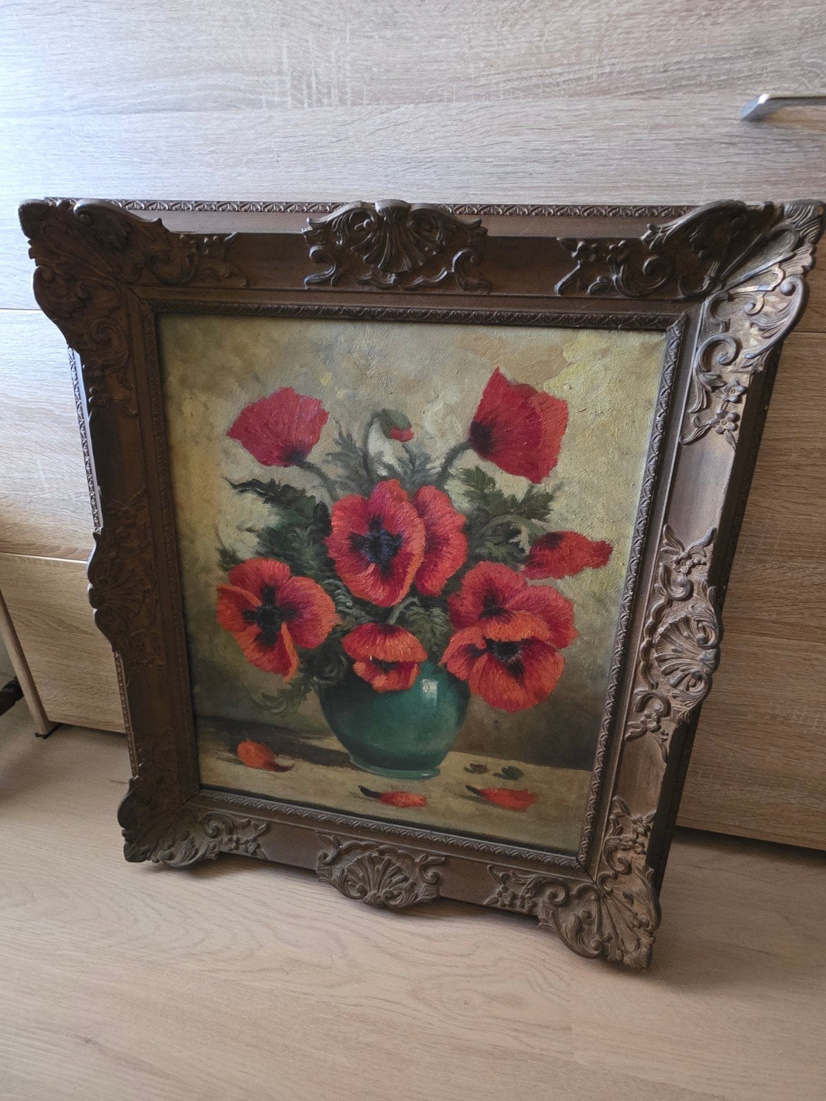 Schilderij met levendige klaprozen in vaas, Doek, Olieverf, Klassiek, Ingelijst