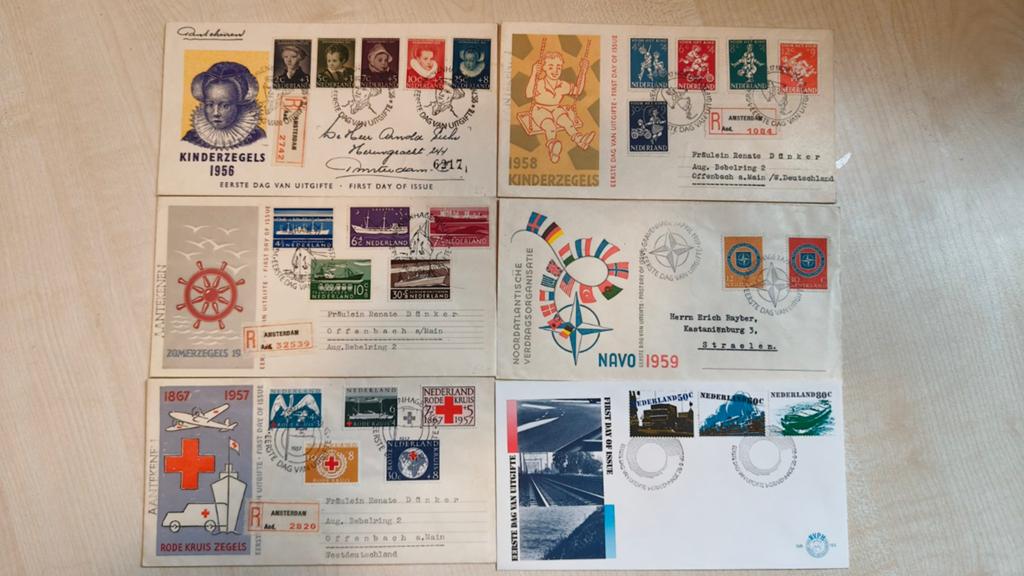 6 oudere eerstedagenveloppen jaren 50, Postzegels en Munten, Postzegels | Nederland, Ophalen of Verzenden, Na 1940, Gestempeld