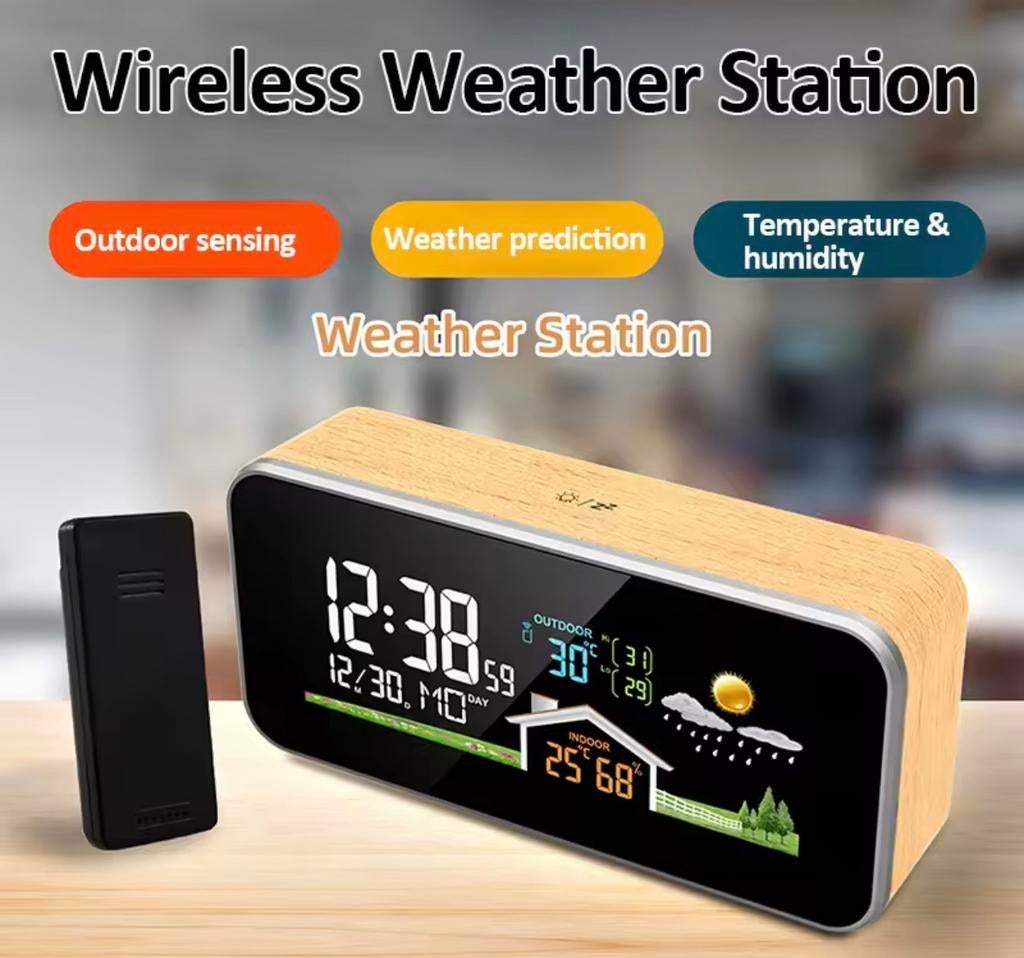 Draadloos weerstation, houten wekker,vochtigheid,temperatuur, Ophalen of Verzenden, Zo goed als nieuw, Digitaal