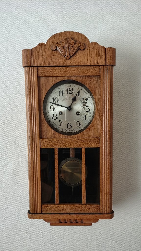 Vintage eikenhouten bakregulateurklok, Ophalen, Vintage, Handgemaakt, Analoog