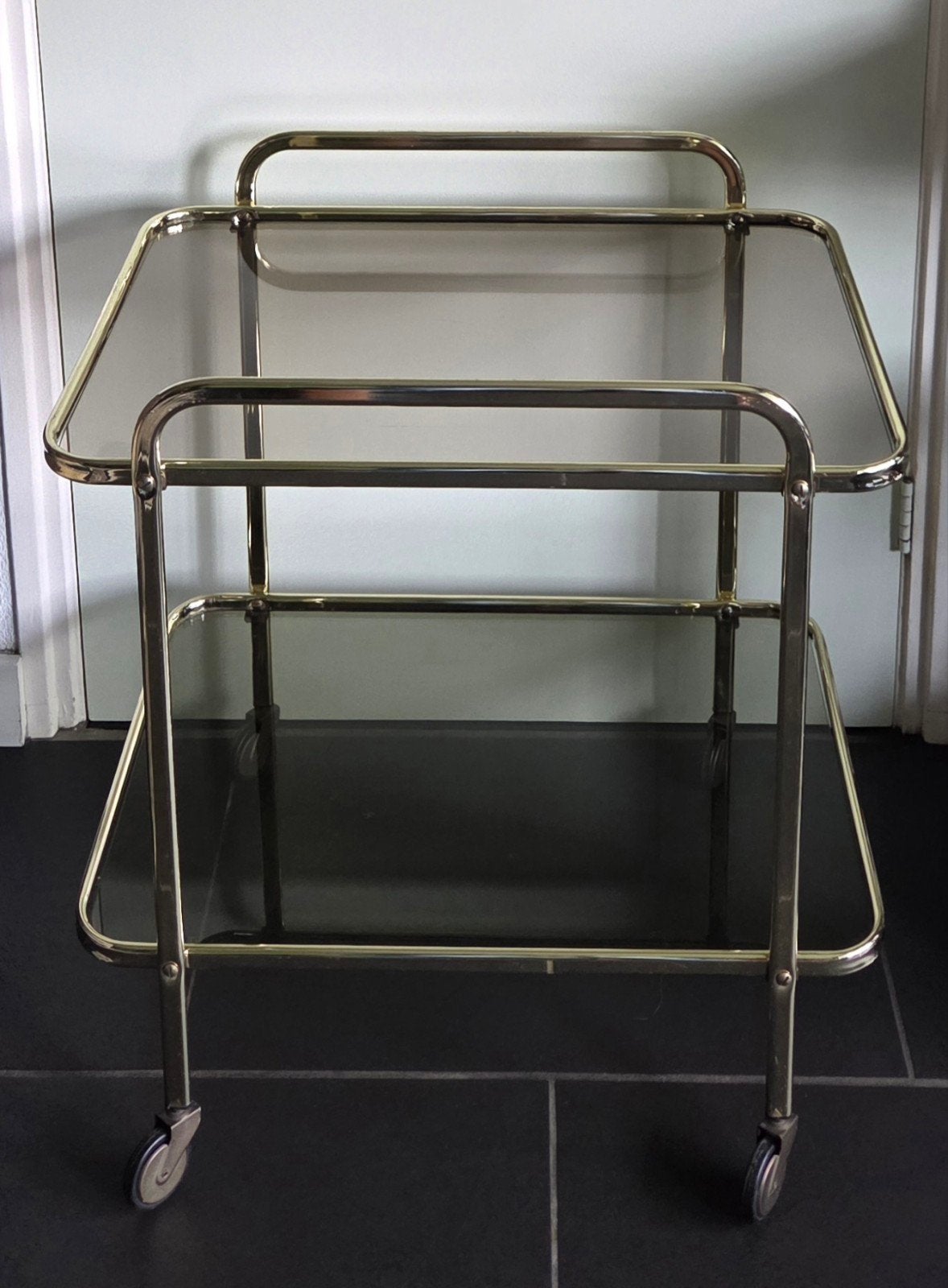 Hollywood Regency bar cart – goud & rookglas – Jaren 70, Ophalen, Gebruikt
