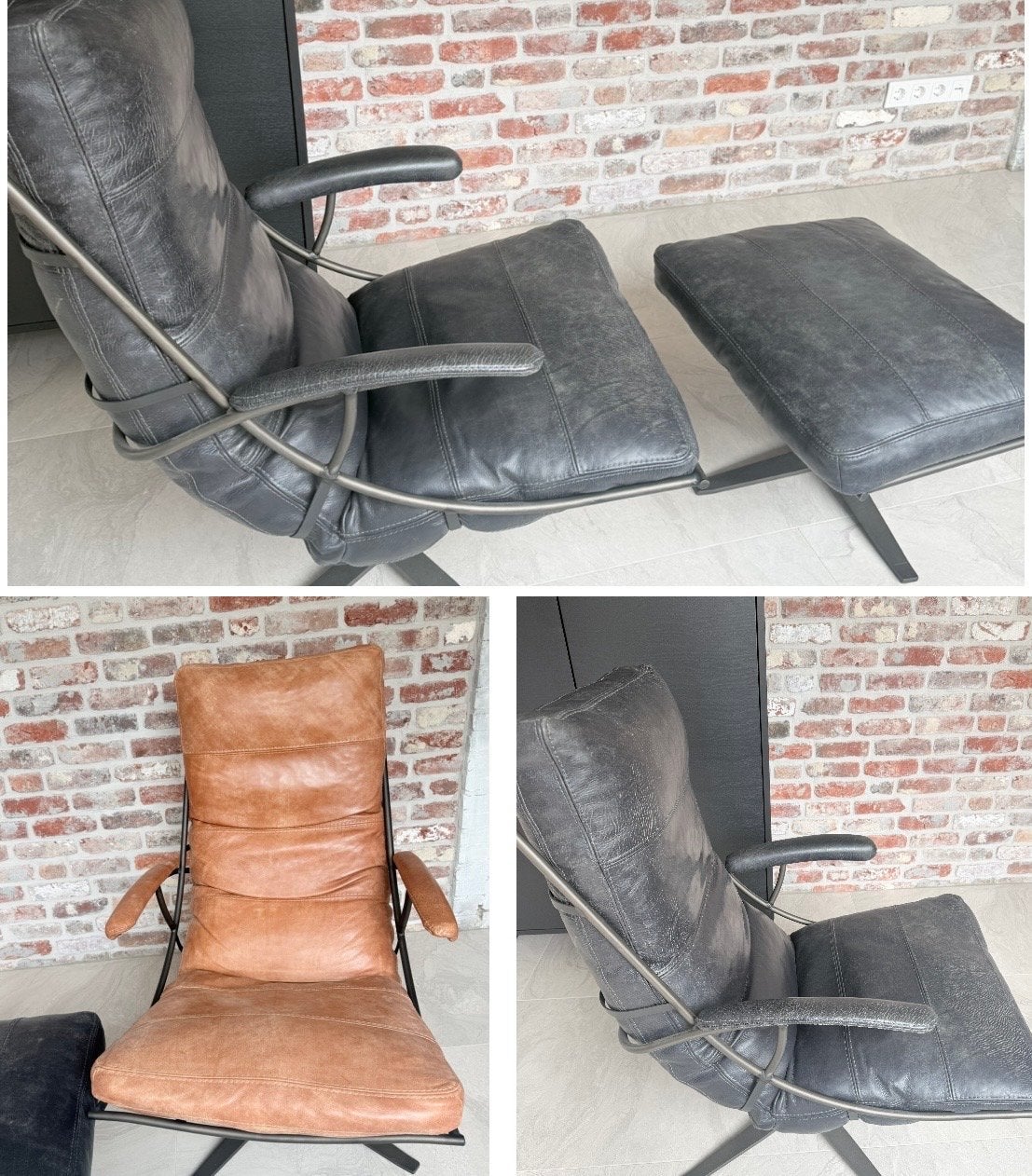 2x Industriële Leren Fauteuils (grijs/zwart & cognac), Huis en Inrichting, Ophalen, Zo goed als nieuw, 50 tot 75 cm, Leer