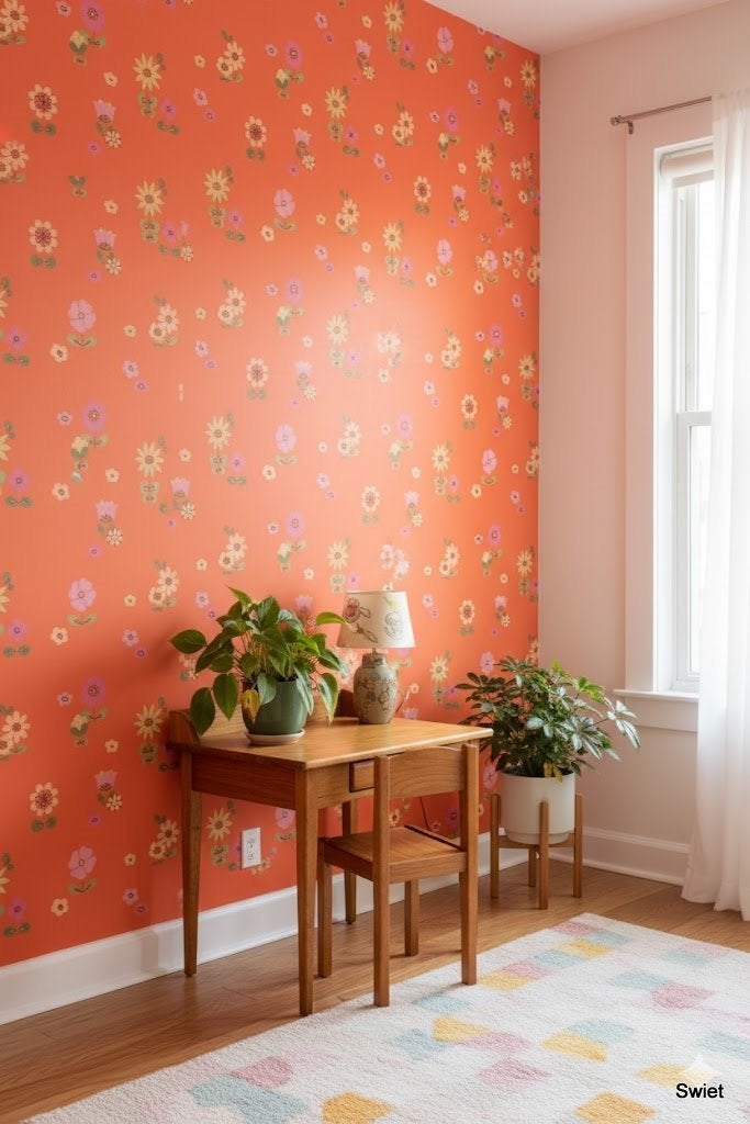 14259 vintage bloemenbehang oranjerood roze geel 70s swiet, Ophalen of Verzenden, Roze