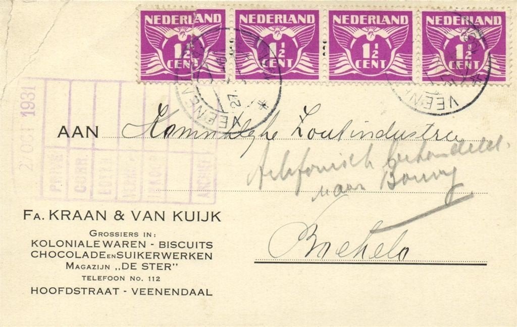 Fa. Kraan + van Kuijk, Veenendaal - 10.1931 - briefkaart, Ophalen of Verzenden, Briefkaart