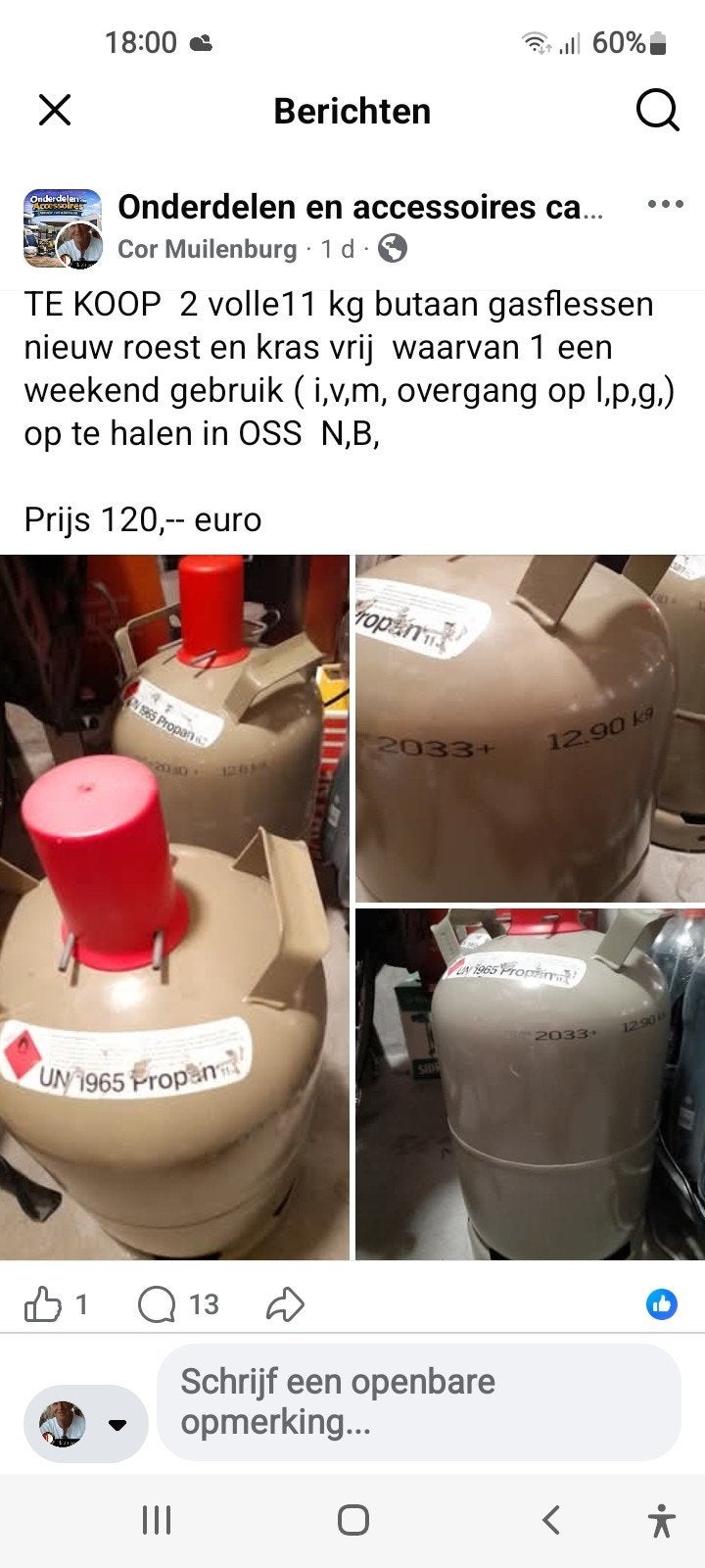 2 volle 11 kg butaan gasflessen, zo goed als nieuw, Caravans en Kamperen, Ophalen of Verzenden, Nieuw