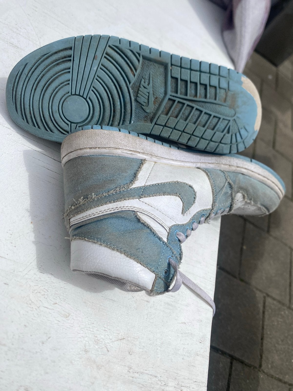 Nike Air Jordan 1 High 'Washed Denim' - Gedragen, Kleding | Heren, Schoenen, Ophalen of Verzenden, Gedragen, Blauw, Sneakers of Gympen