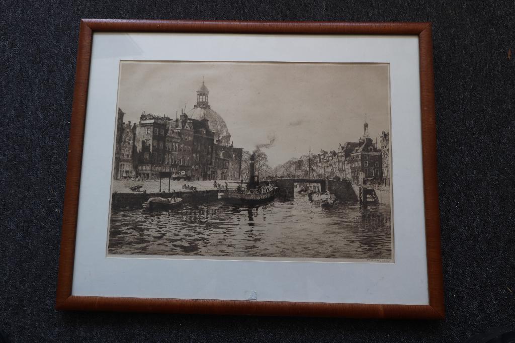 H.E. Roodenburg jaren 50 Ets "Amsterdam" in mooie lijst, Ophalen