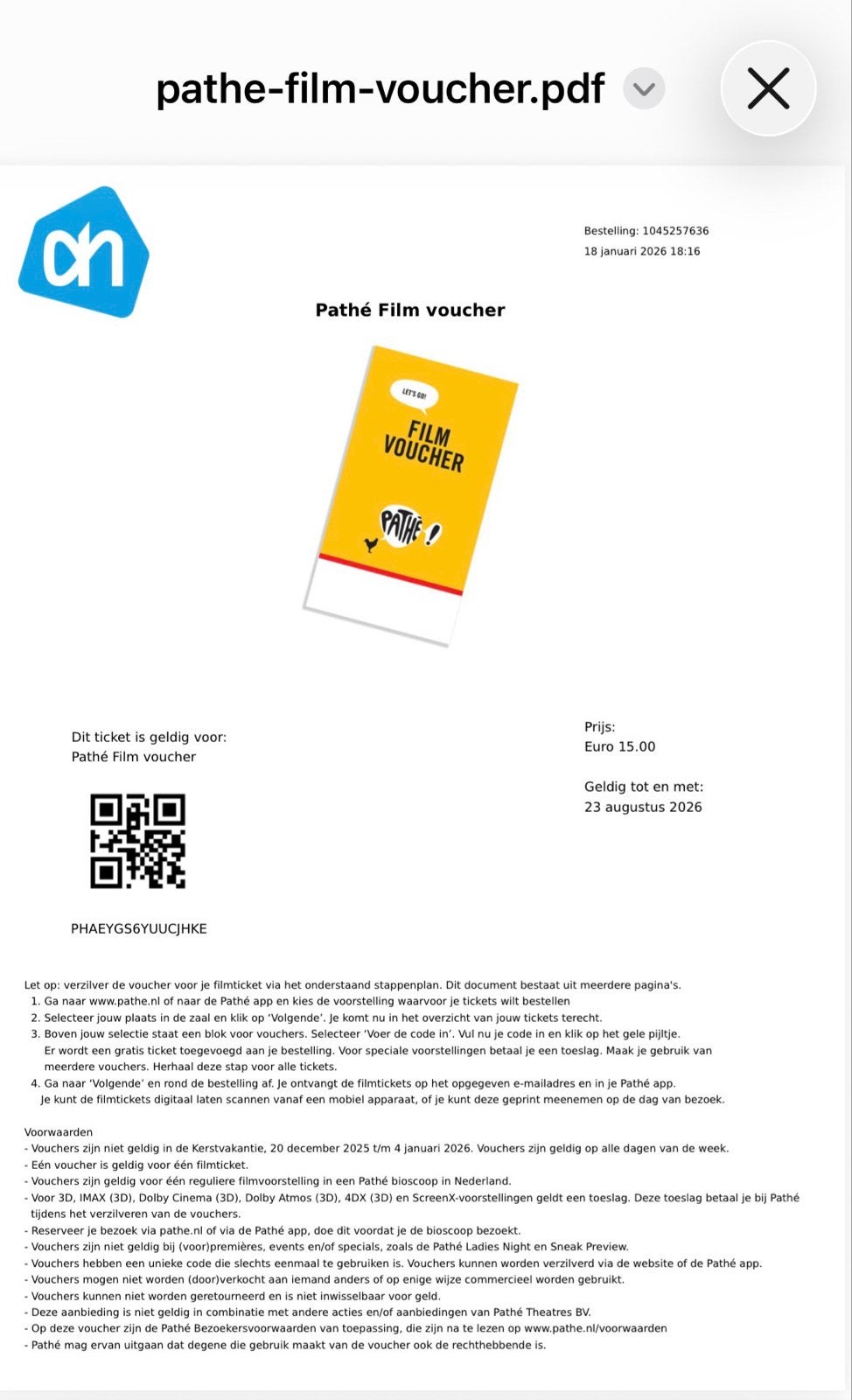 AH pathé voucher, Tickets en Kaartjes, Eén persoon, Vrijkaartje alle films