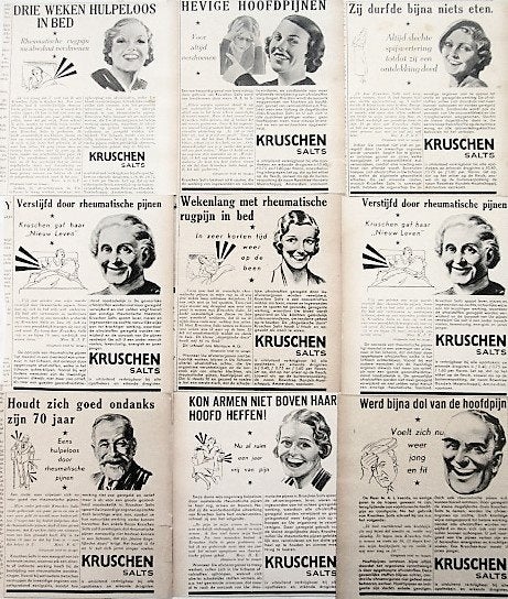 46 vintage advertenties reclames Kruschen salts 1935-38 zout, Ophalen of Verzenden, Gebruikt, Overige typen