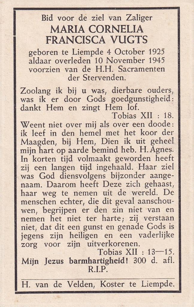 Vugts Maria 1925 Liempde 1945, Ophalen of Verzenden, Bidprentje